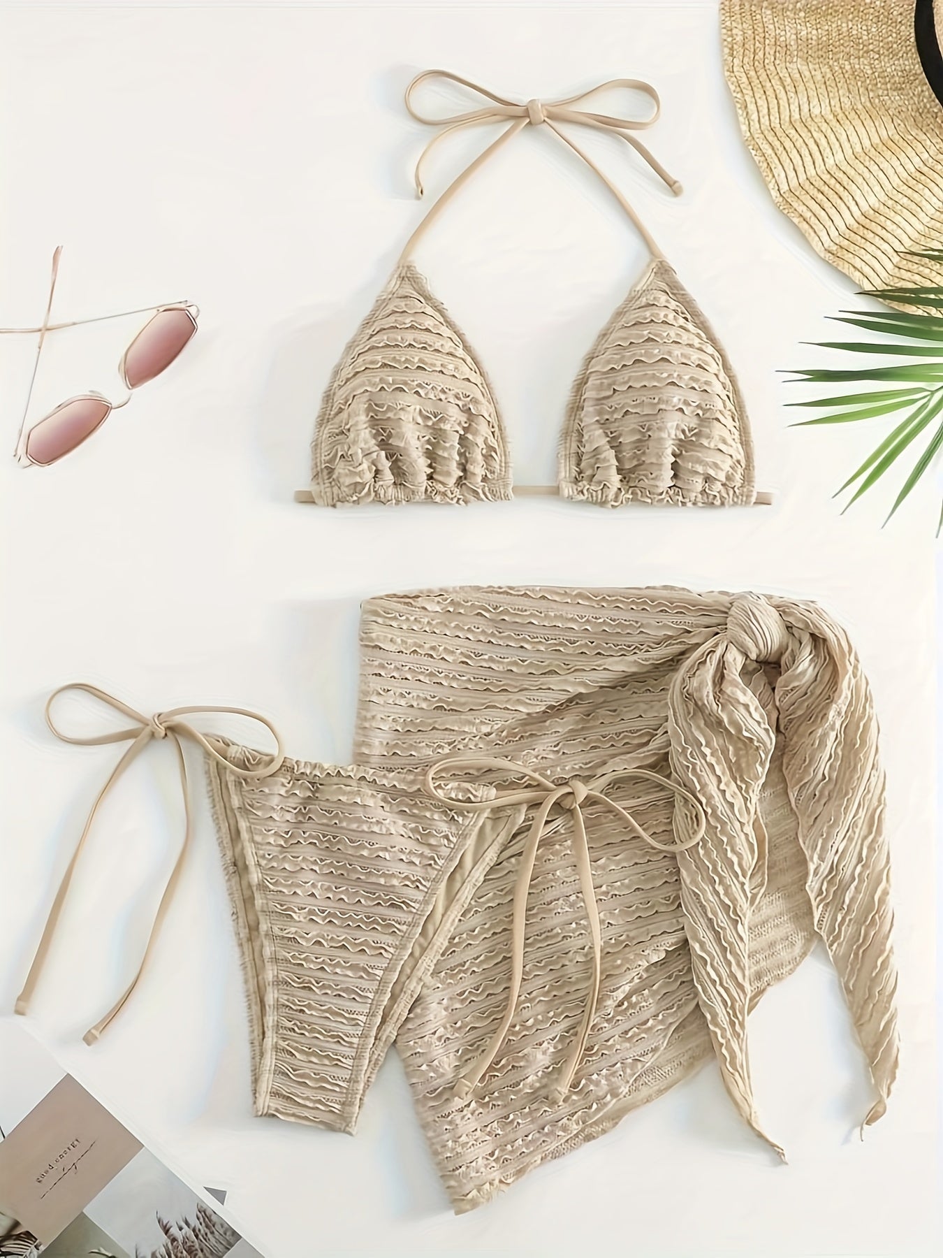 Plain Textured Fabric 3 Piece Set Bikini, Halter V Neck Tie Side High Cut With Cover Up Skirt Swimsuits, Women's Swimwear & Clothing Triangle Top